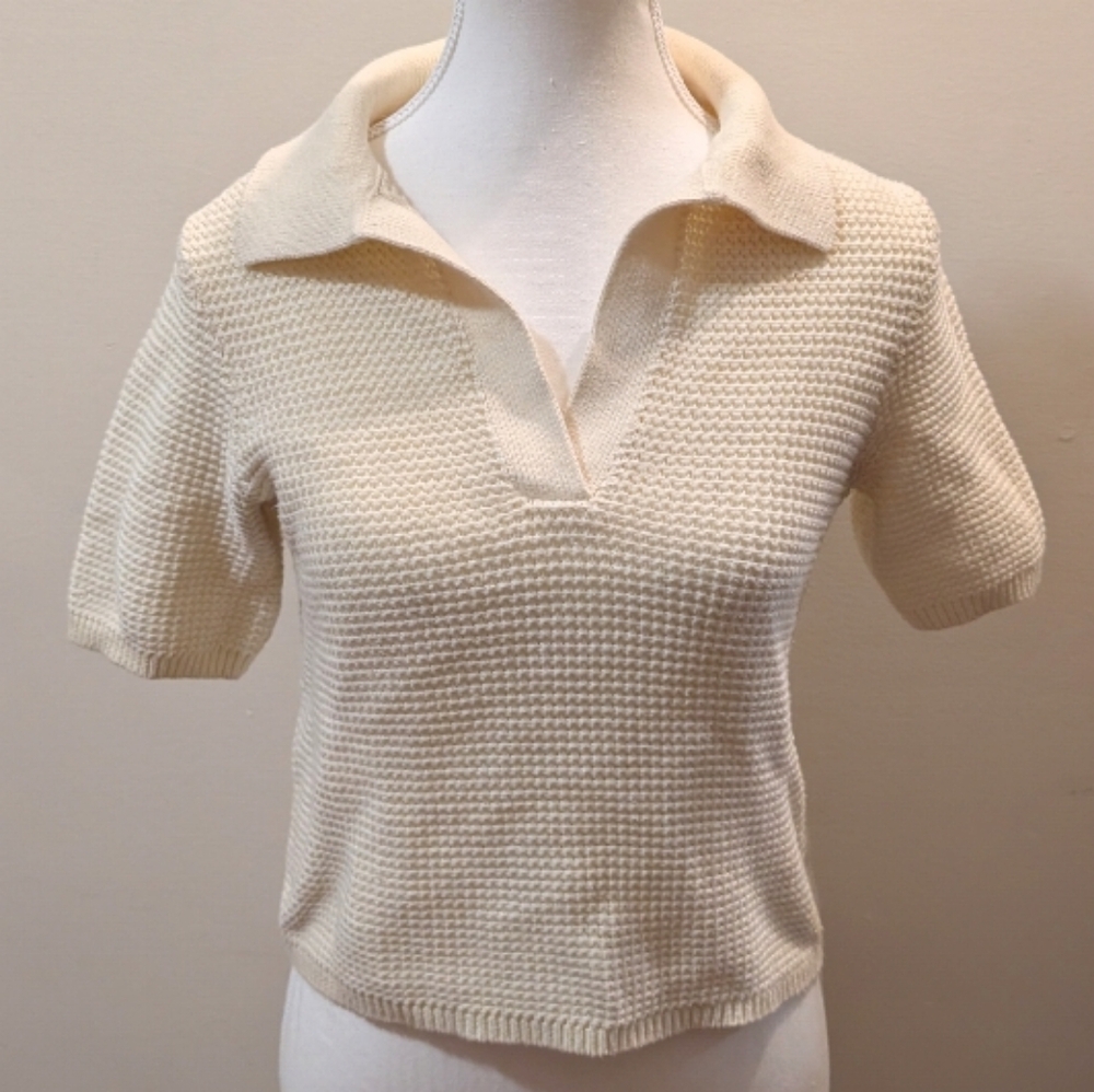 Marine Layer Cream Knit Polo Short Sleeve Sweater Top